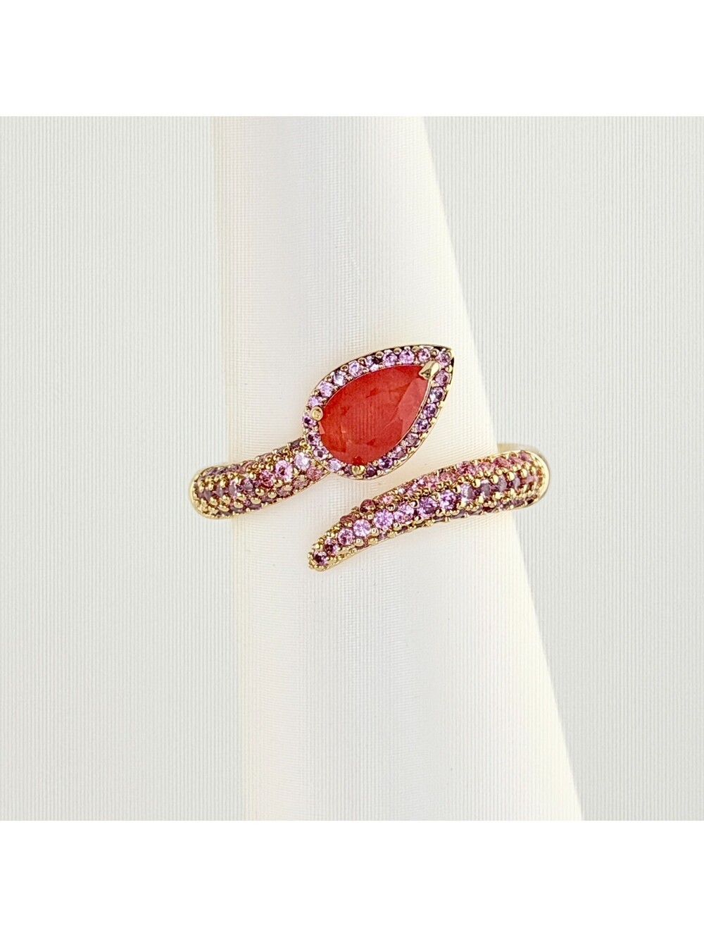 Bomb Party Sz 9 "The Charmer" Coral Tourmaline +Quartz on Yellow Gold